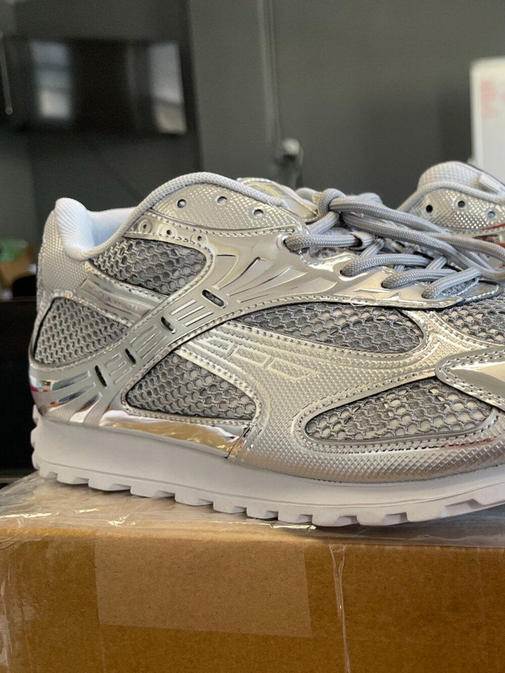 Bottega Veneta Men's Orbit Silver and Grey Trainers Sz 11.5